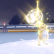 A Raichu is seen celebrating a victory with a lightbulb tera crystal on its head. Its trainer is in the background cheering it on.